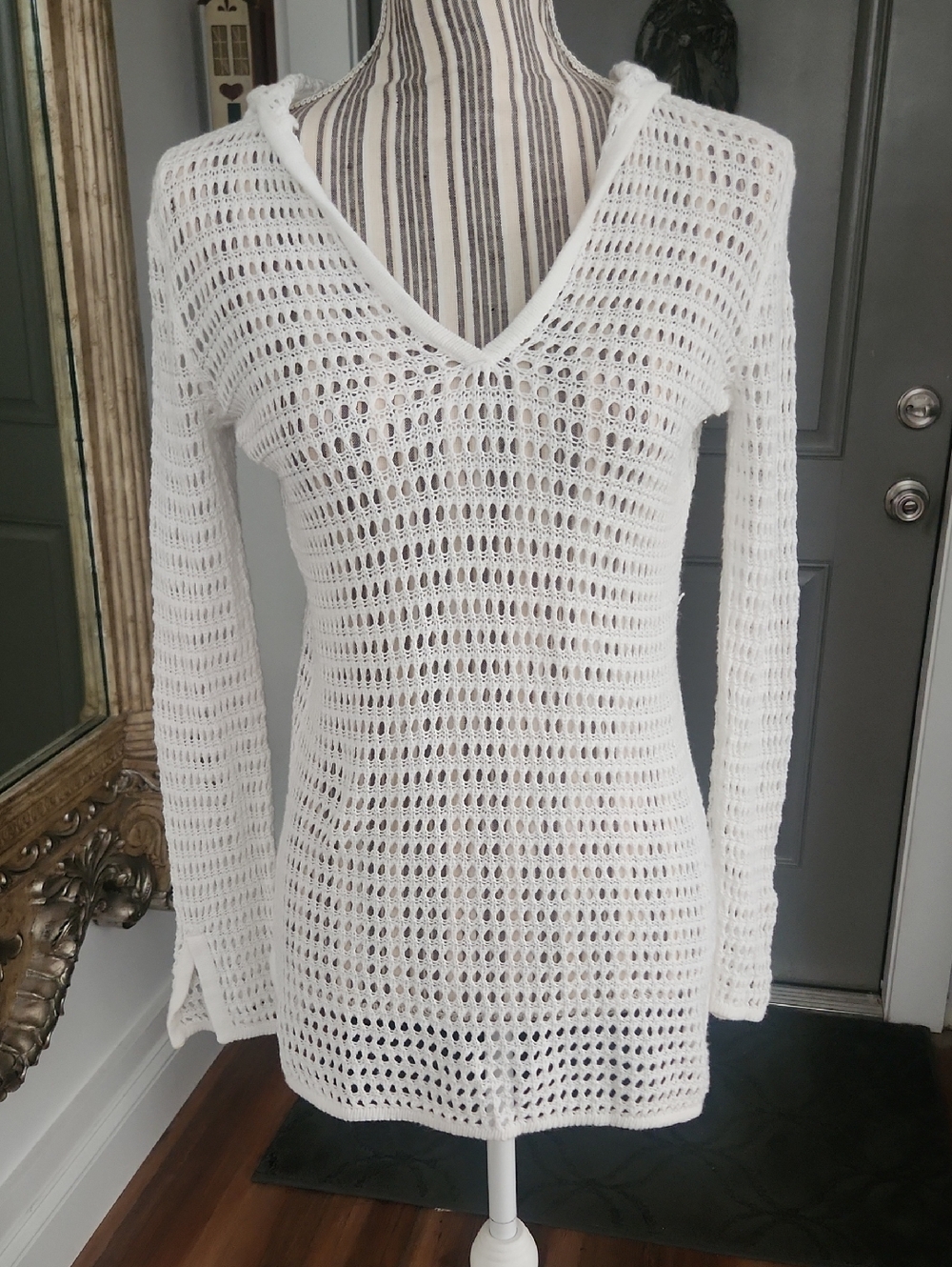 White Crochet V-Neck Hooded Beach Cover-Up